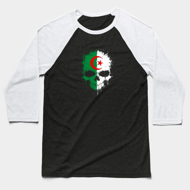 Chaotic Algerian Flag Splatter Skull Baseball T-Shirt by jeffbartels